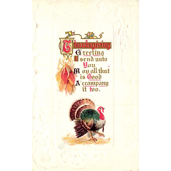 Vintage Postcard Thanksgiving Greetings Turkey Embossed Frame c1900s Holiday - Picture 1 of 2